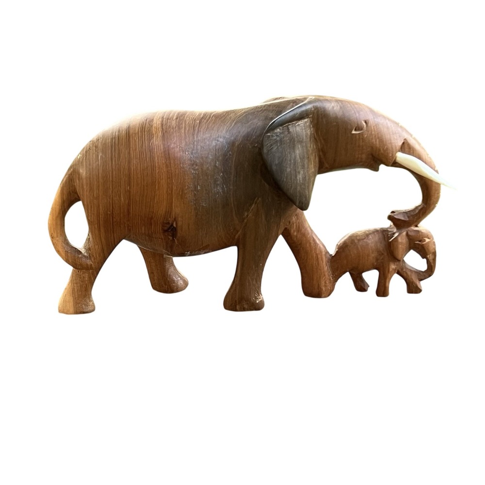 Hand Carved Kenya Wooden Elephant & Calf Connected Sculpture Safari Decor